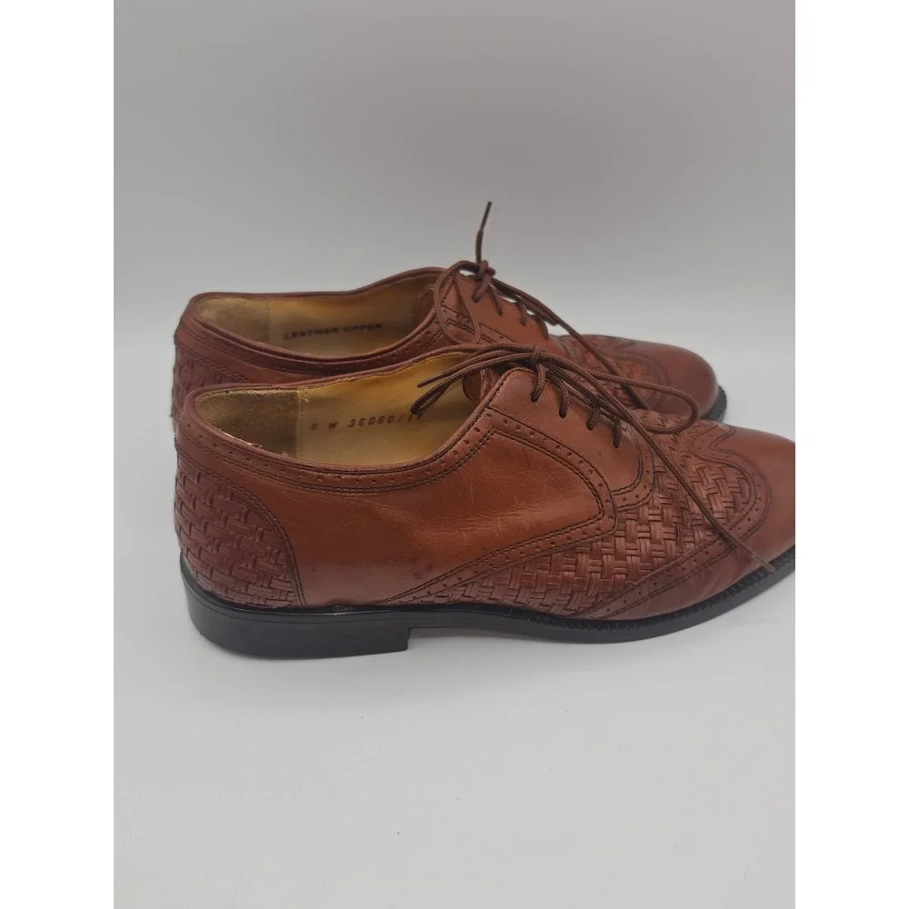 Stanley Blacker Mens 8 W Woven Leather Wingtip Oxford Shoes Tan Brown Italy